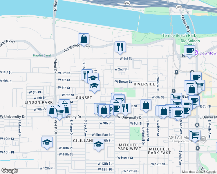 map of restaurants, bars, coffee shops, grocery stores, and more near 1000 West 5th Street in Tempe