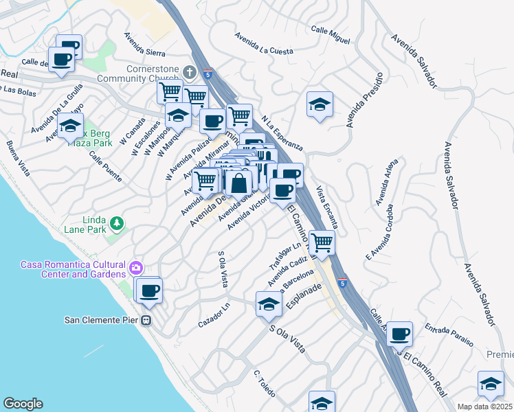 map of restaurants, bars, coffee shops, grocery stores, and more near 137 Avenida Granada in San Clemente