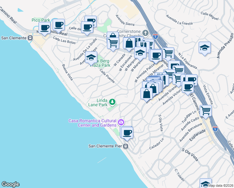 map of restaurants, bars, coffee shops, grocery stores, and more near in San Clemente
