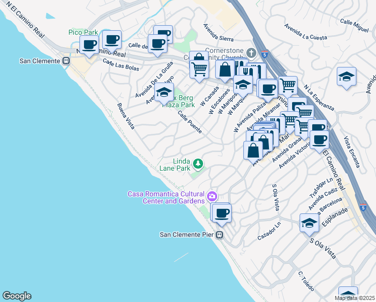 map of restaurants, bars, coffee shops, grocery stores, and more near 227 West Mariposa in San Clemente
