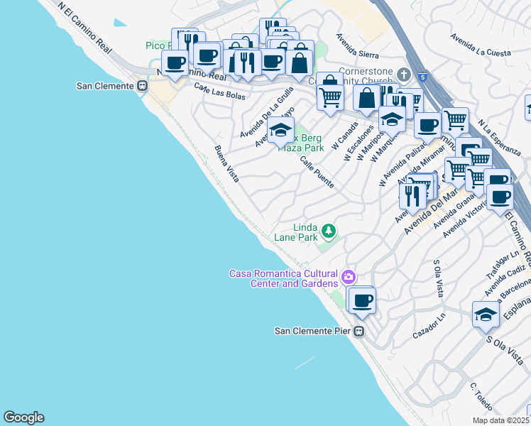 map of restaurants, bars, coffee shops, grocery stores, and more near 250 West Canada in San Clemente