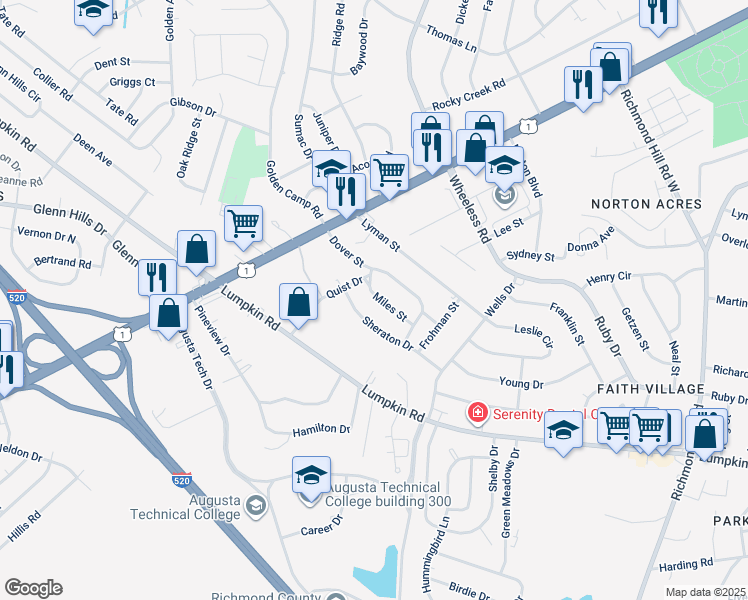 map of restaurants, bars, coffee shops, grocery stores, and more near 2545 Miles Street in Augusta