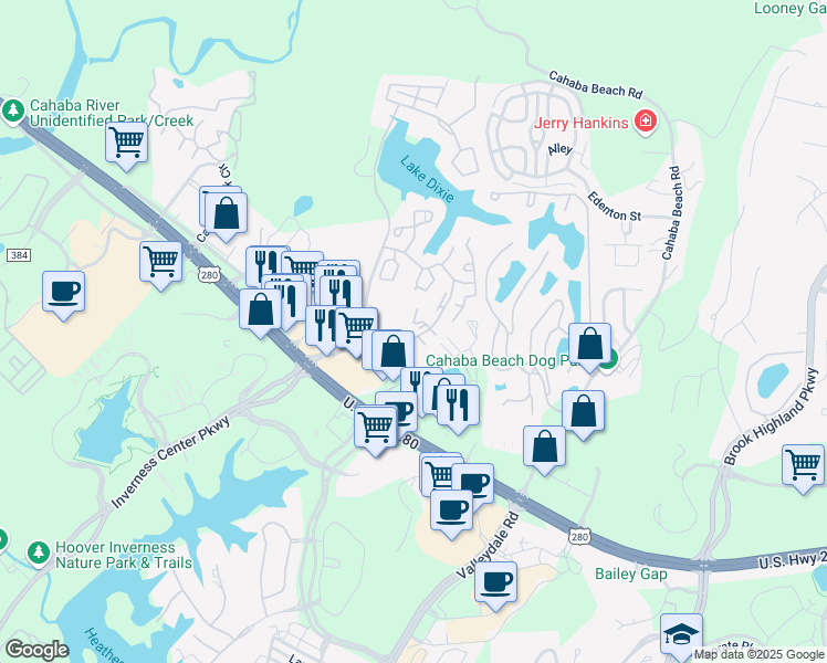 map of restaurants, bars, coffee shops, grocery stores, and more near 3409 Heatherbrooke Parkway in Birmingham