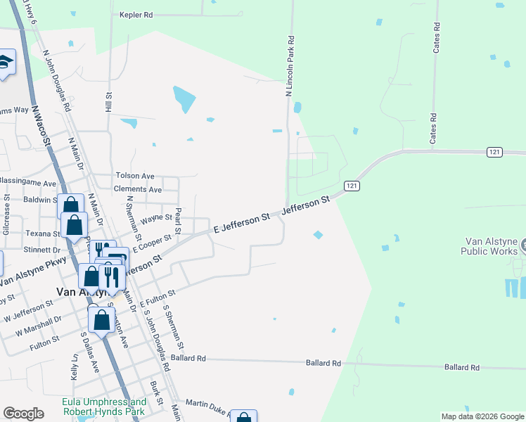 map of restaurants, bars, coffee shops, grocery stores, and more near 1219 East Jefferson Street in Van Alstyne