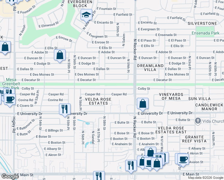 map of restaurants, bars, coffee shops, grocery stores, and more near 5832 Colby Street in Mesa