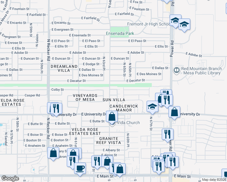 map of restaurants, bars, coffee shops, grocery stores, and more near 6425 Colby Street in Mesa
