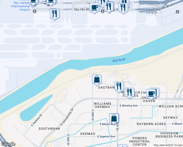 map of restaurants, bars, coffee shops, grocery stores, and more near Salt River Shore in Phoenix