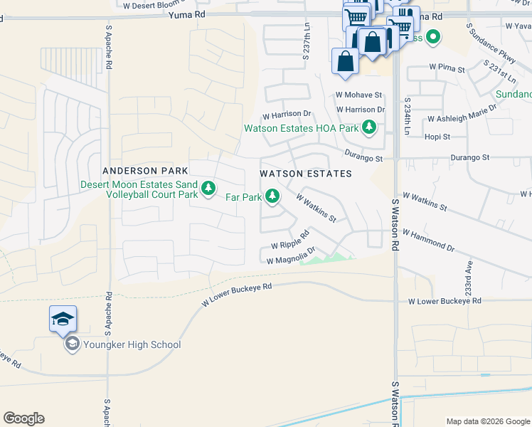 map of restaurants, bars, coffee shops, grocery stores, and more near 2261 South 238th Lane in Buckeye