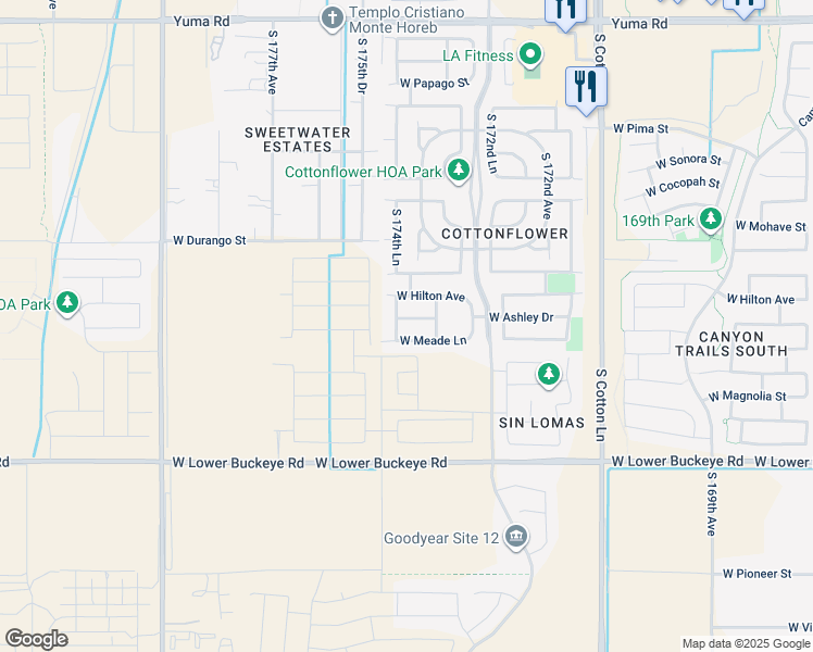 map of restaurants, bars, coffee shops, grocery stores, and more near 17437 West Ashley Drive in Goodyear