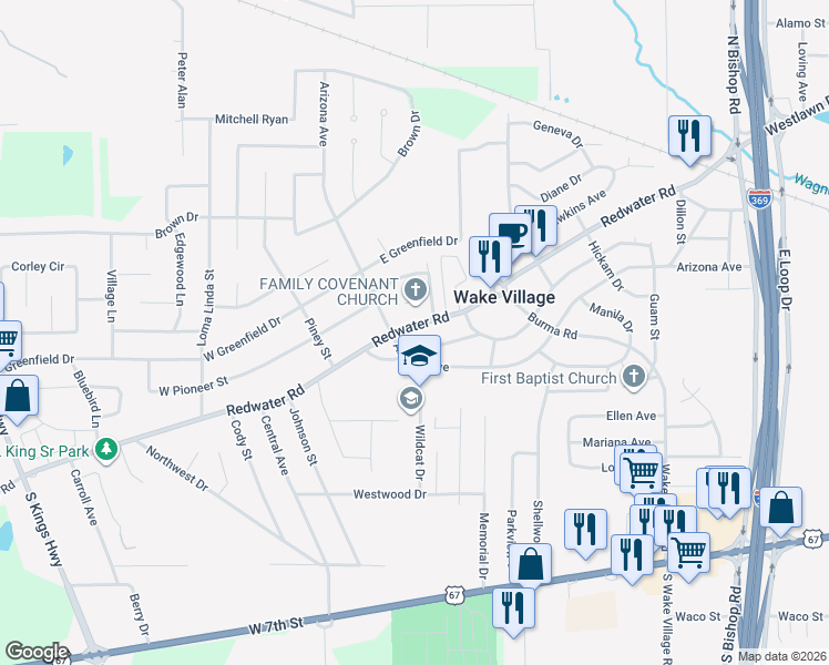 map of restaurants, bars, coffee shops, grocery stores, and more near 501 Old Redwater Road in Wake Village