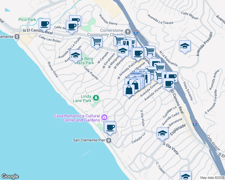map of restaurants, bars, coffee shops, grocery stores, and more near 205 West Marquita in San Clemente