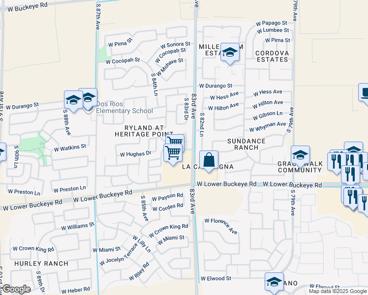map of restaurants, bars, coffee shops, grocery stores, and more near 2425 South 83rd Drive in Tolleson