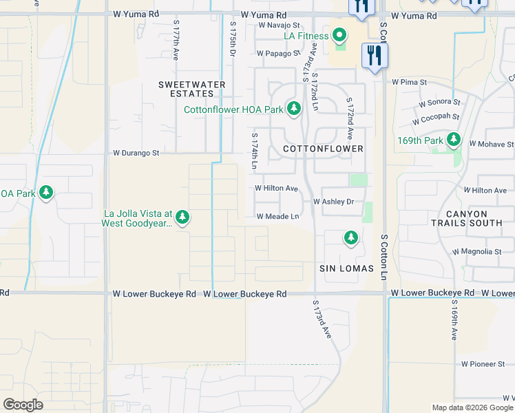 map of restaurants, bars, coffee shops, grocery stores, and more near 17390 West Ashley Drive in Goodyear