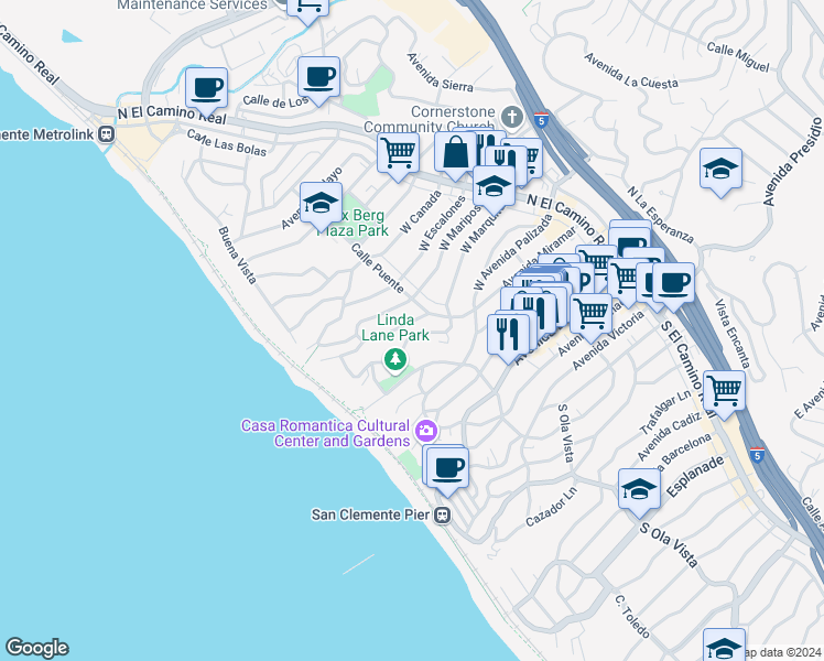 map of restaurants, bars, coffee shops, grocery stores, and more near in San Clemente