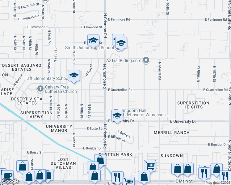 map of restaurants, bars, coffee shops, grocery stores, and more near 545 North 100th Place in Mesa