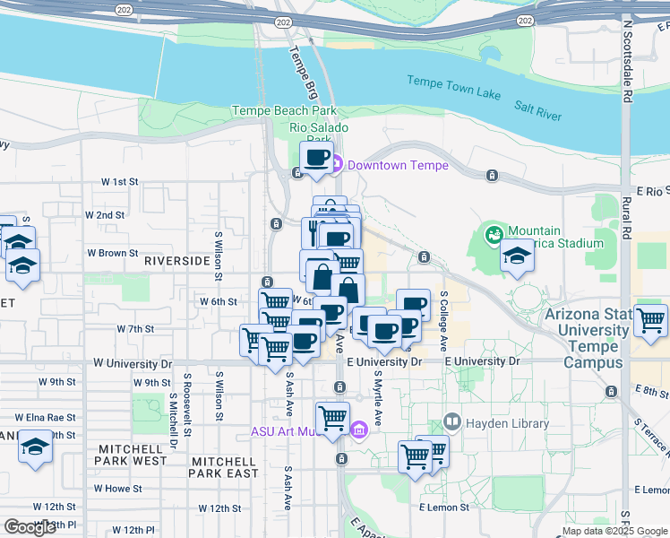map of restaurants, bars, coffee shops, grocery stores, and more near 420 South Mill Avenue in Tempe