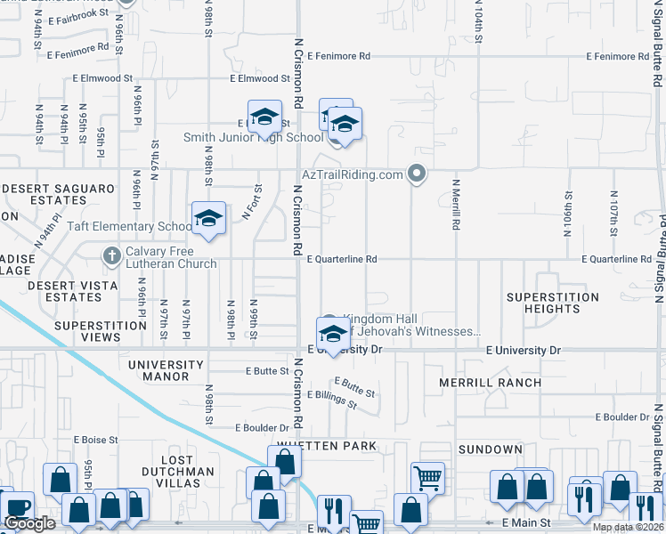 map of restaurants, bars, coffee shops, grocery stores, and more near 545 North 100th Place in Mesa