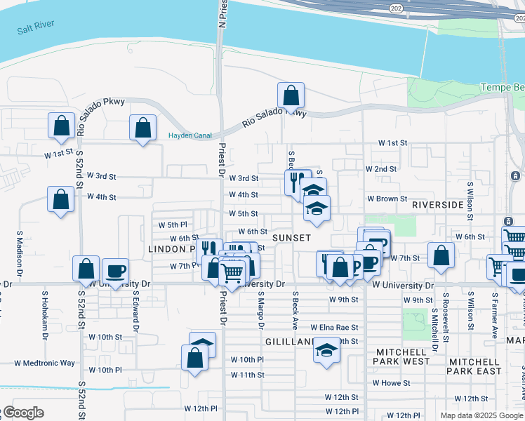 map of restaurants, bars, coffee shops, grocery stores, and more near 1238 West 5th Street in Tempe