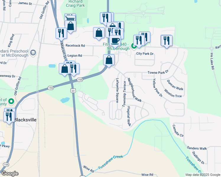 map of restaurants, bars, coffee shops, grocery stores, and more near 1130 Eatonton Way in McDonough