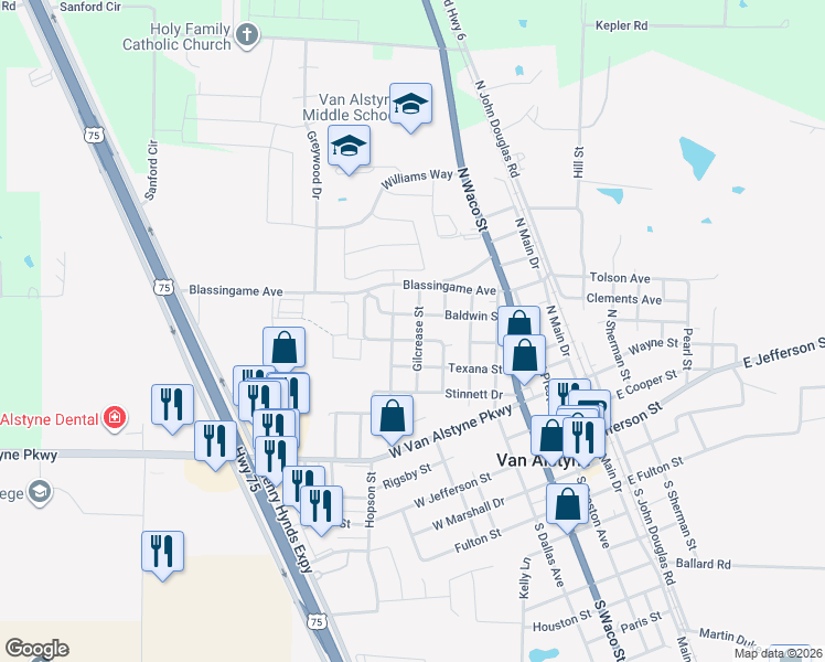 map of restaurants, bars, coffee shops, grocery stores, and more near 660 Gilcrease Street in Van Alstyne