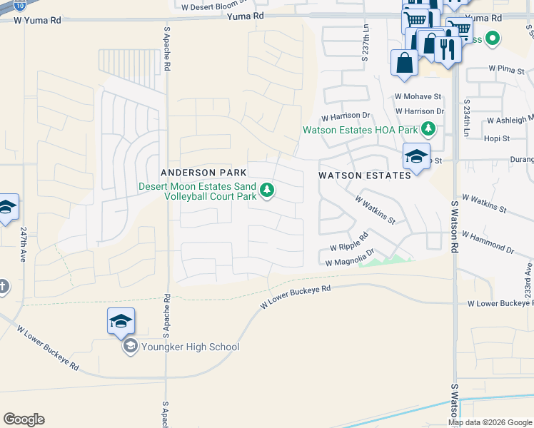map of restaurants, bars, coffee shops, grocery stores, and more near 2260 South 238th Lane in Buckeye