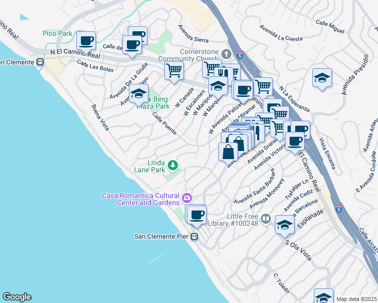 map of restaurants, bars, coffee shops, grocery stores, and more near 212 West Marquita in San Clemente