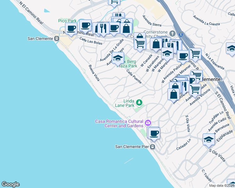 map of restaurants, bars, coffee shops, grocery stores, and more near 236 West Escalones in San Clemente
