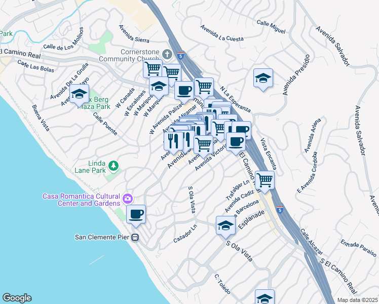 map of restaurants, bars, coffee shops, grocery stores, and more near 166 Avenida Del Mar in San Clemente