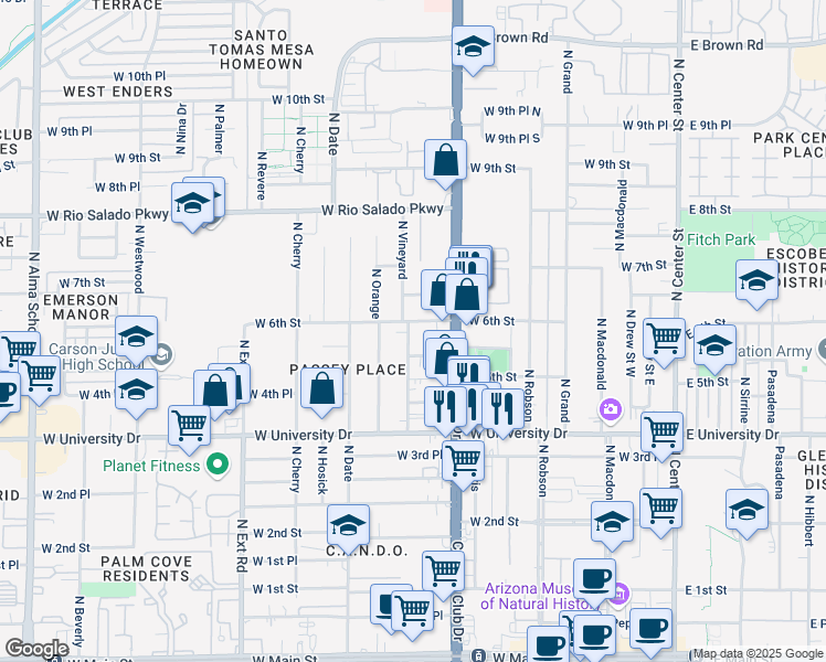 map of restaurants, bars, coffee shops, grocery stores, and more near 551 North Vineyard in Mesa