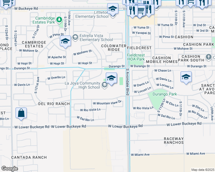 map of restaurants, bars, coffee shops, grocery stores, and more near 11650 West Whyman Avenue in Avondale