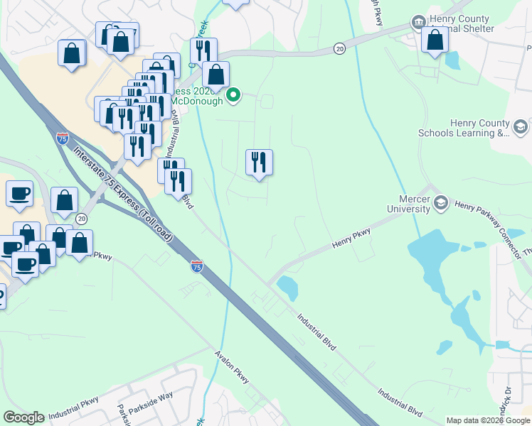 map of restaurants, bars, coffee shops, grocery stores, and more near 646 Fieldcrest Drive in McDonough