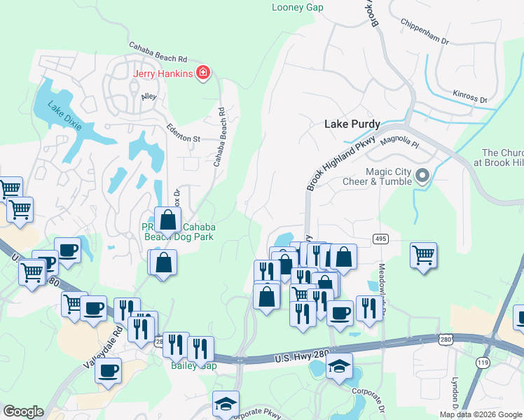 map of restaurants, bars, coffee shops, grocery stores, and more near 506 Eagle Ridge Drive in Birmingham