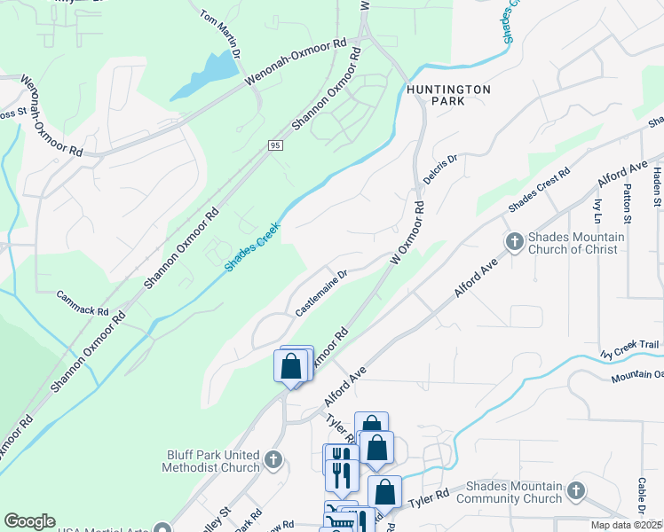map of restaurants, bars, coffee shops, grocery stores, and more near 842 Castlemaine Court in Birmingham