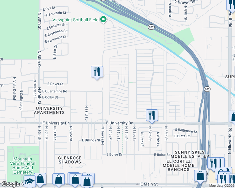 map of restaurants, bars, coffee shops, grocery stores, and more near Ln 3900 in Mesa