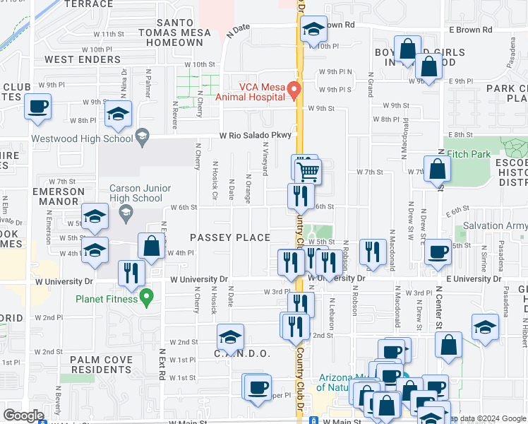 map of restaurants, bars, coffee shops, grocery stores, and more near 551 North Vineyard in Mesa
