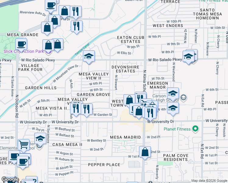 map of restaurants, bars, coffee shops, grocery stores, and more near 611 North Standage in Mesa