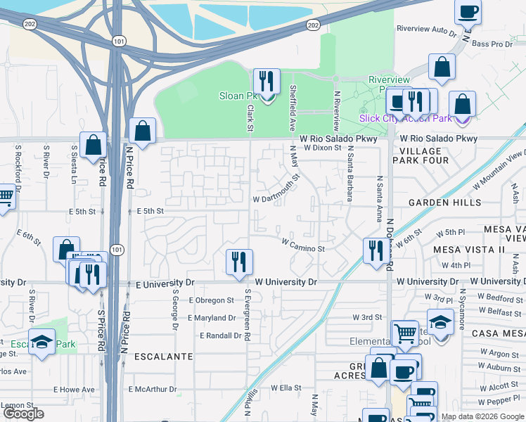 map of restaurants, bars, coffee shops, grocery stores, and more near 13 West Dartmouth Street in Mesa
