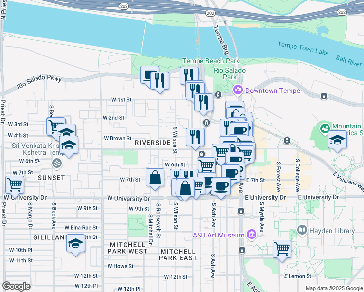 map of restaurants, bars, coffee shops, grocery stores, and more near in Tempe