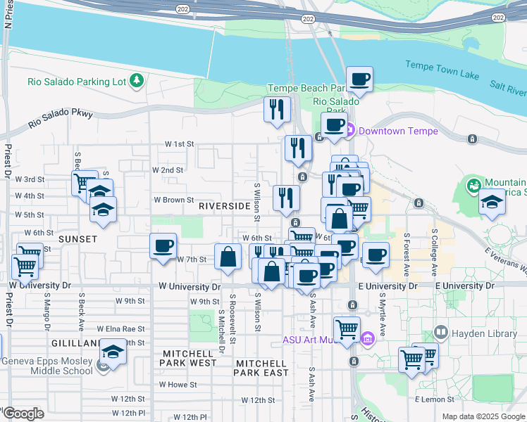 map of restaurants, bars, coffee shops, grocery stores, and more near in Tempe