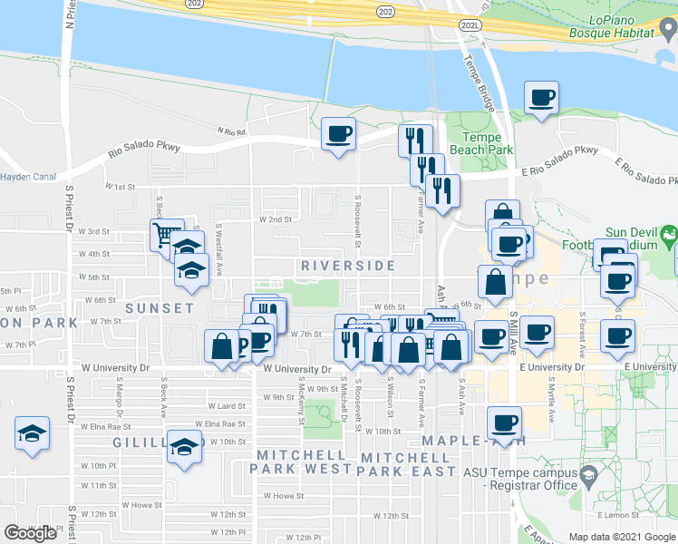 map of restaurants, bars, coffee shops, grocery stores, and more near 704-724 West 5th Street in Tempe