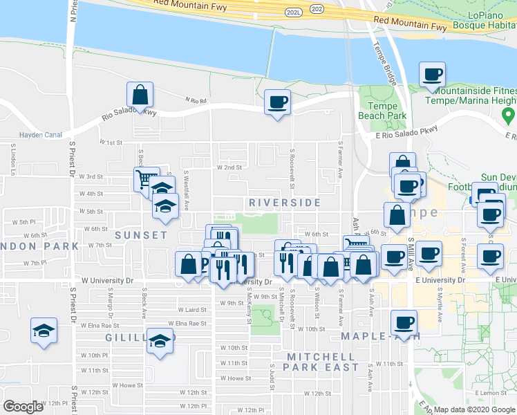 map of restaurants, bars, coffee shops, grocery stores, and more near 22 West Brown Street in Tempe