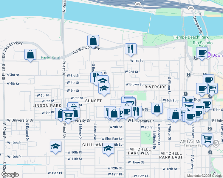 map of restaurants, bars, coffee shops, grocery stores, and more near 410 South Westfall Avenue in Tempe
