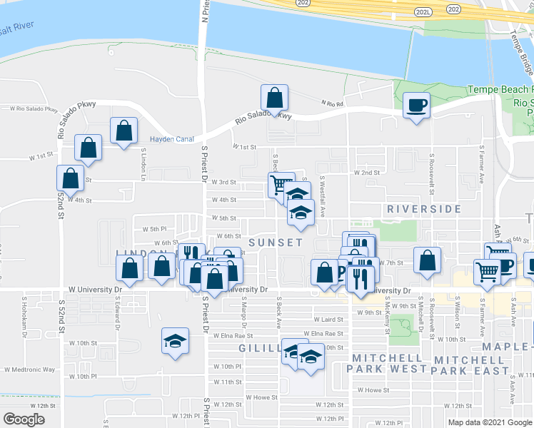 map of restaurants, bars, coffee shops, grocery stores, and more near 410 South Beck Avenue in Tempe