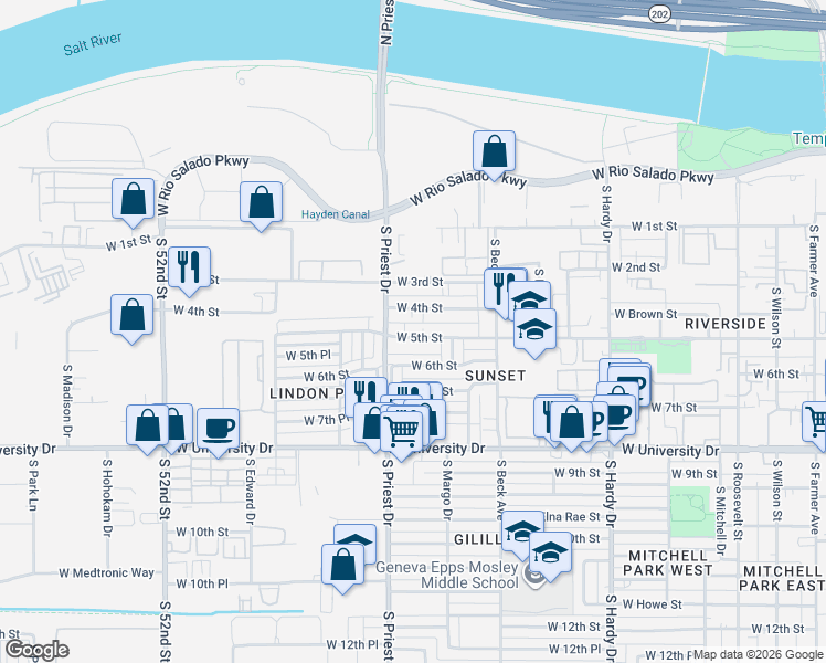 map of restaurants, bars, coffee shops, grocery stores, and more near 1320 West 5th Street in Tempe
