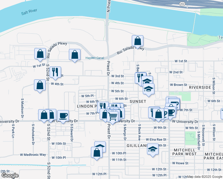 map of restaurants, bars, coffee shops, grocery stores, and more near 1320 West 5th Street in Tempe