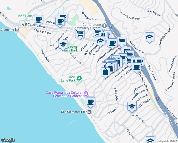 map of restaurants, bars, coffee shops, grocery stores, and more near 601 Calle Puente in San Clemente