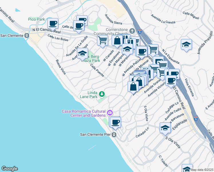 map of restaurants, bars, coffee shops, grocery stores, and more near in San Clemente