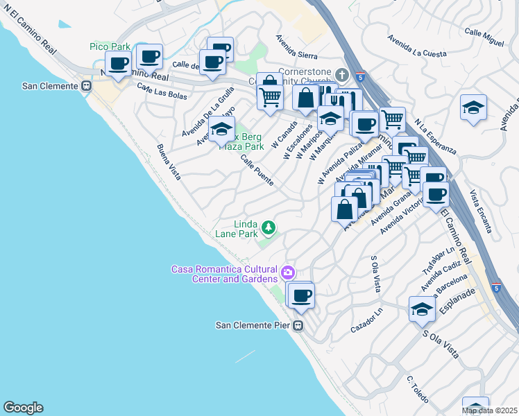 map of restaurants, bars, coffee shops, grocery stores, and more near 227 West Mariposa in San Clemente