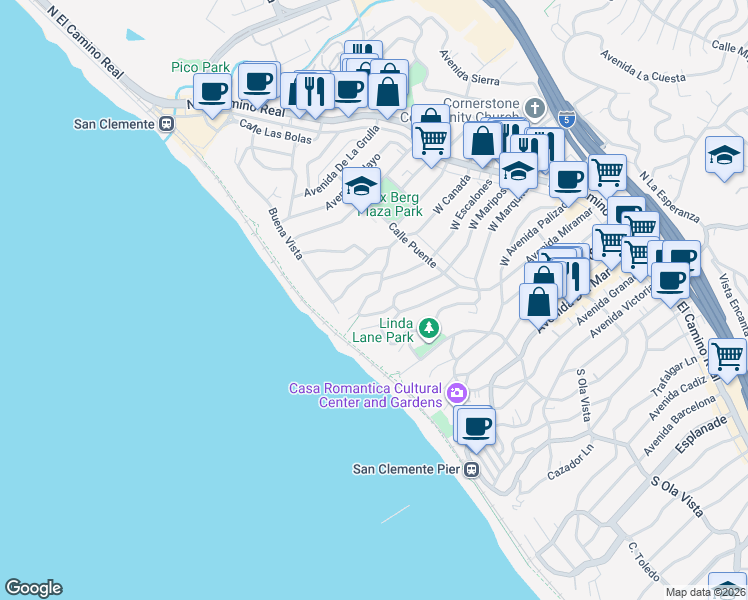 map of restaurants, bars, coffee shops, grocery stores, and more near 236 West Escalones in San Clemente