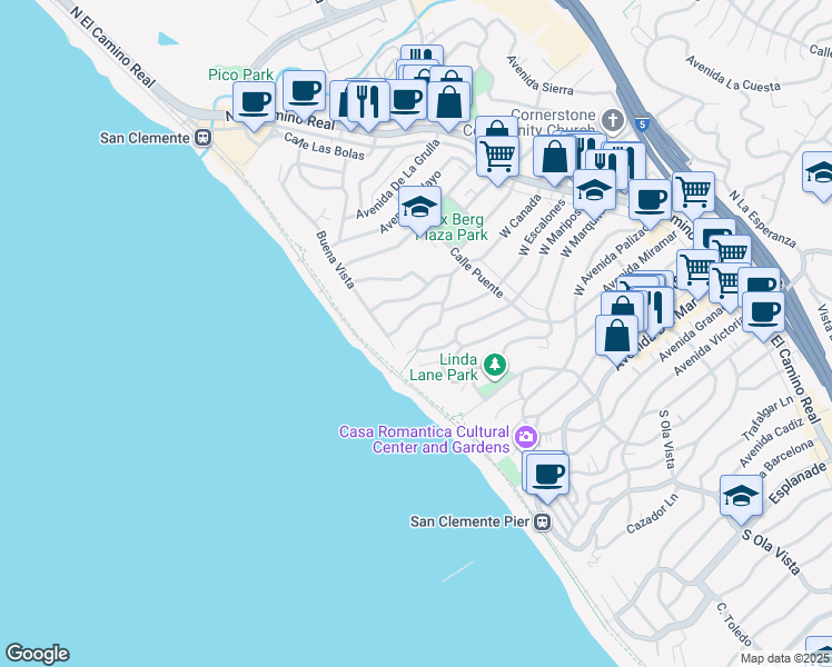 map of restaurants, bars, coffee shops, grocery stores, and more near 236 West Escalones in San Clemente